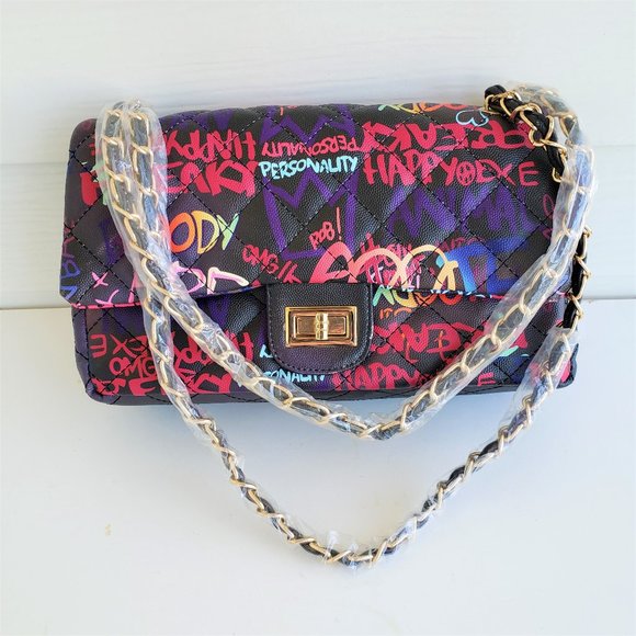 Handbags - New Graffiti Print Vinyl Handbag with Chain Crossbody Strap